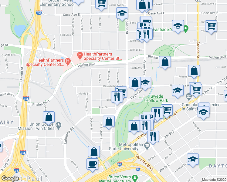 map of restaurants, bars, coffee shops, grocery stores, and more near 705 North Bedford Street in Saint Paul