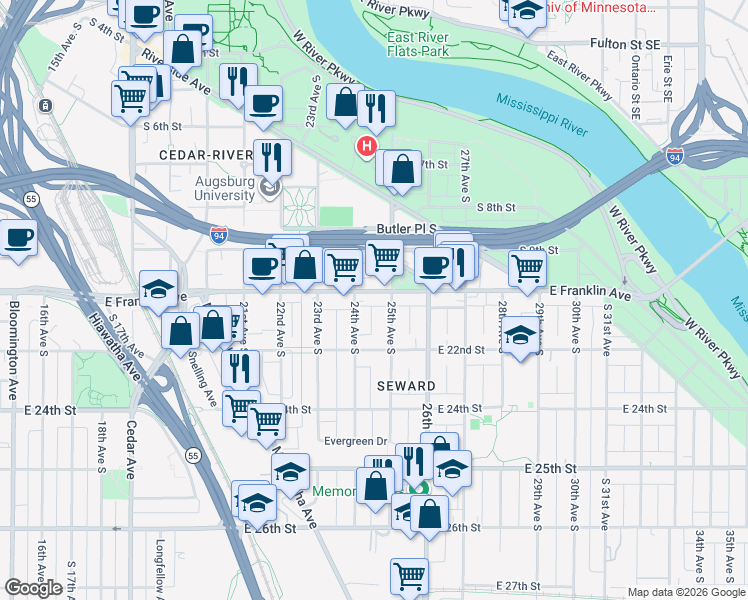 map of restaurants, bars, coffee shops, grocery stores, and more near 2407 East Franklin Avenue in Minneapolis