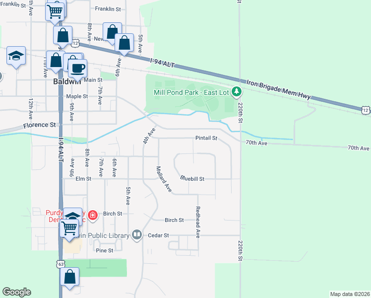 map of restaurants, bars, coffee shops, grocery stores, and more near 323 Bluebill Street in Baldwin
