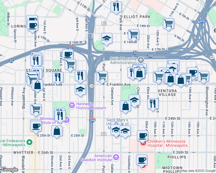 map of restaurants, bars, coffee shops, grocery stores, and more near 611 East Franklin Avenue in Minneapolis