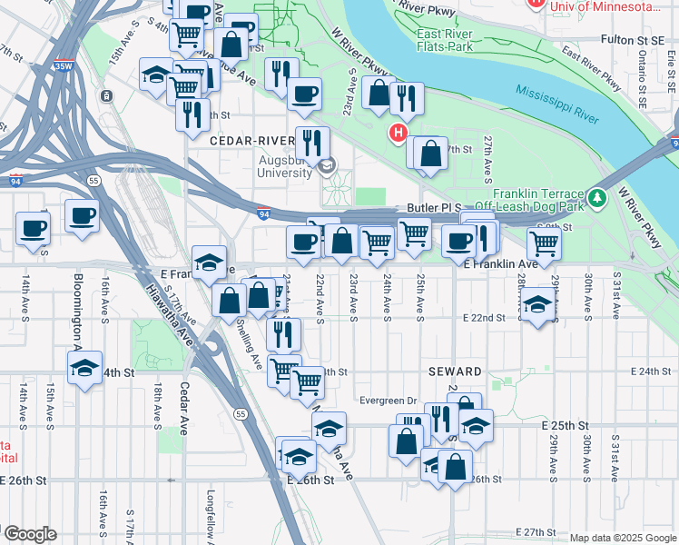 map of restaurants, bars, coffee shops, grocery stores, and more near 2219 1/2 E Franklin Ave in Minneapolis