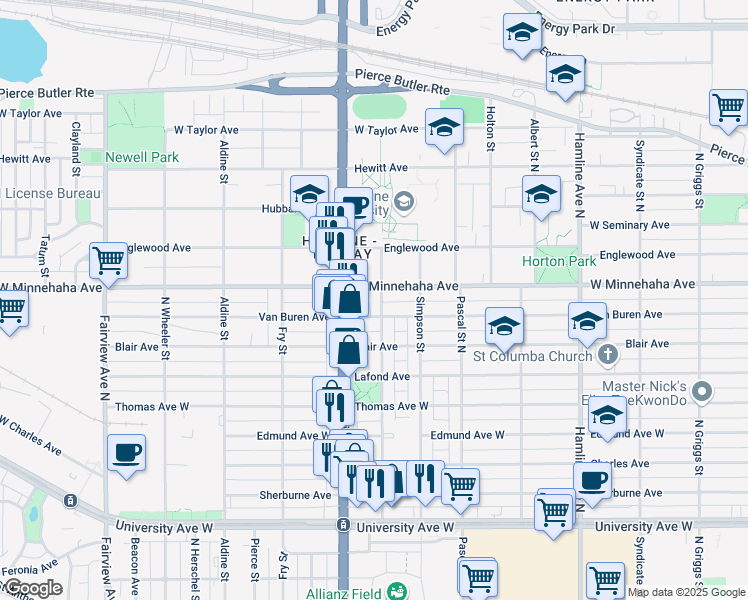 map of restaurants, bars, coffee shops, grocery stores, and more near 1522 West Minnehaha Avenue in Saint Paul