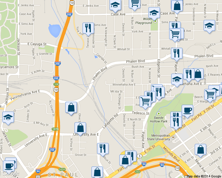 map of restaurants, bars, coffee shops, grocery stores, and more near 429 Mount Ida Street in Saint Paul