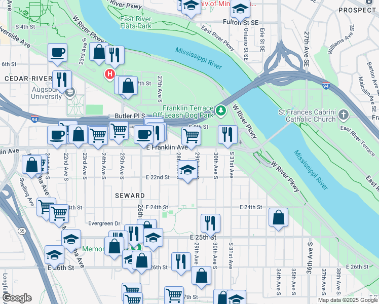 map of restaurants, bars, coffee shops, grocery stores, and more near 2801 East Franklin Avenue in Minneapolis