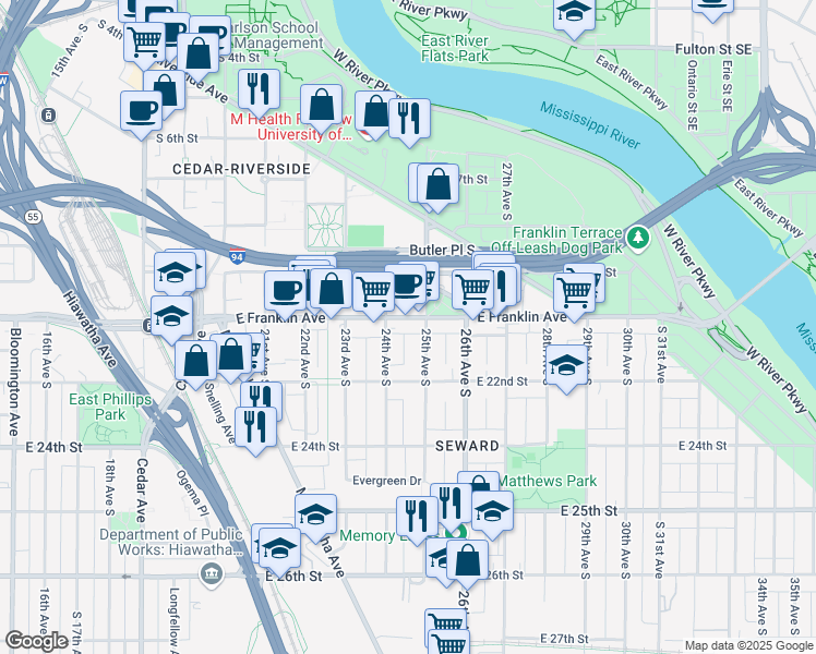 map of restaurants, bars, coffee shops, grocery stores, and more near 2407 East Franklin Avenue in Minneapolis