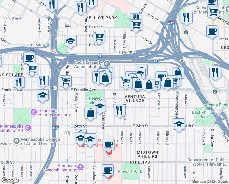 map of restaurants, bars, coffee shops, grocery stores, and more near 903 East Franklin Avenue in Minneapolis