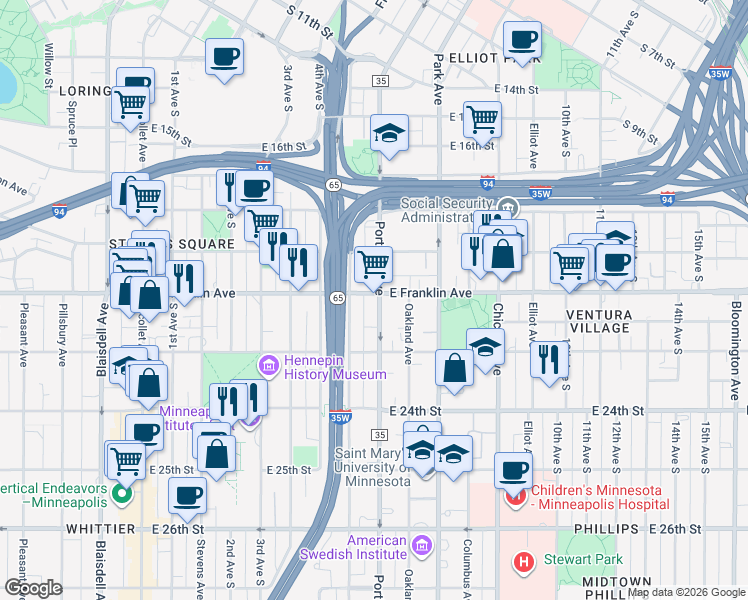 map of restaurants, bars, coffee shops, grocery stores, and more near 2005 South 5th Avenue in Minneapolis