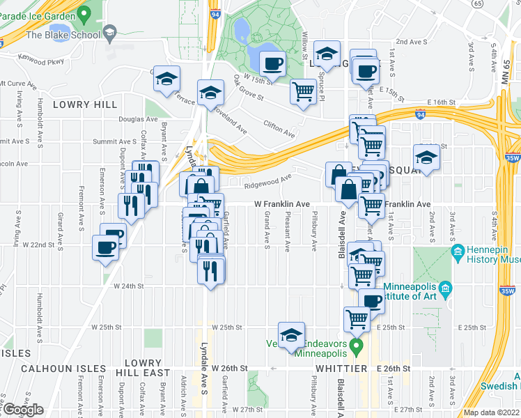 map of restaurants, bars, coffee shops, grocery stores, and more near 411 West Franklin Avenue in Minneapolis