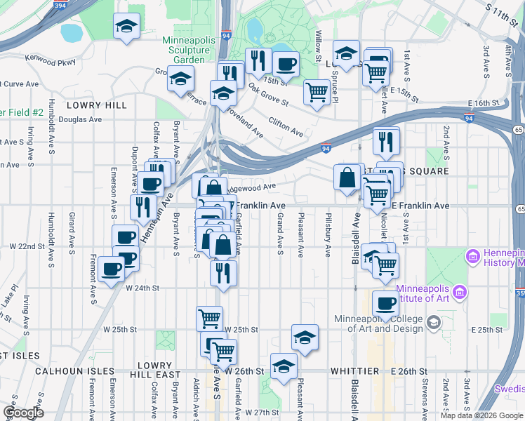 map of restaurants, bars, coffee shops, grocery stores, and more near 411 West Franklin Avenue in Minneapolis