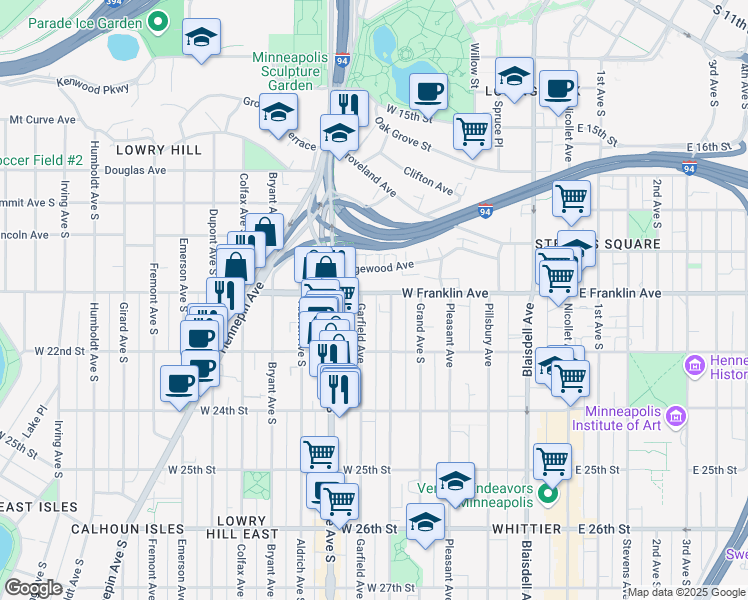map of restaurants, bars, coffee shops, grocery stores, and more near 2005 Garfield Avenue in Minneapolis