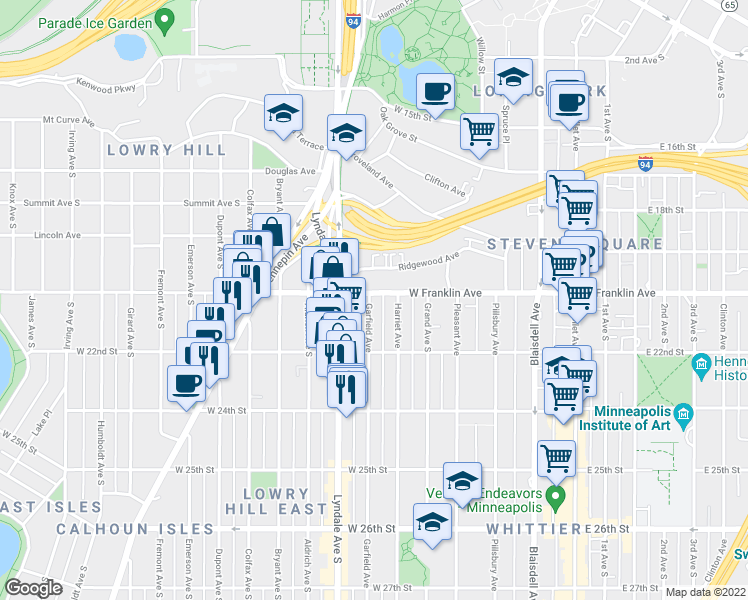 map of restaurants, bars, coffee shops, grocery stores, and more near 2005 Garfield Avenue in Minneapolis