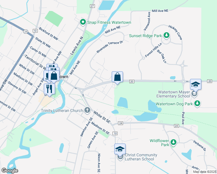 map of restaurants, bars, coffee shops, grocery stores, and more near 213 Newton Avenue Northeast in Watertown