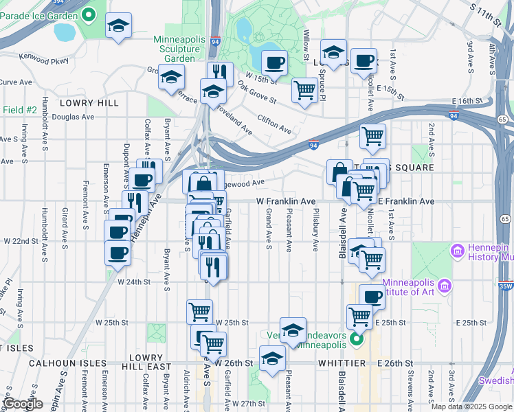 map of restaurants, bars, coffee shops, grocery stores, and more near 411 West Franklin Avenue in Minneapolis