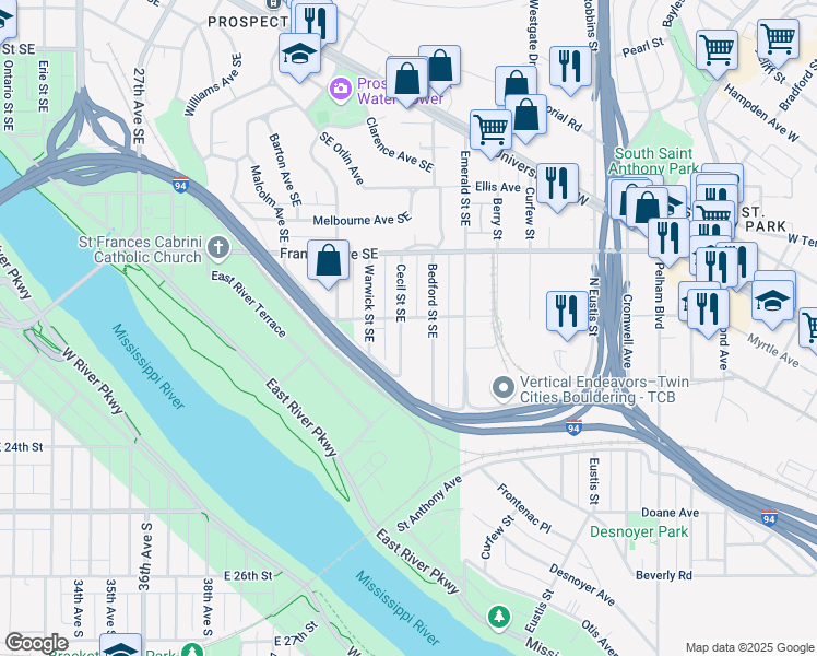 map of restaurants, bars, coffee shops, grocery stores, and more near 205 Cecil Street Southeast in Minneapolis