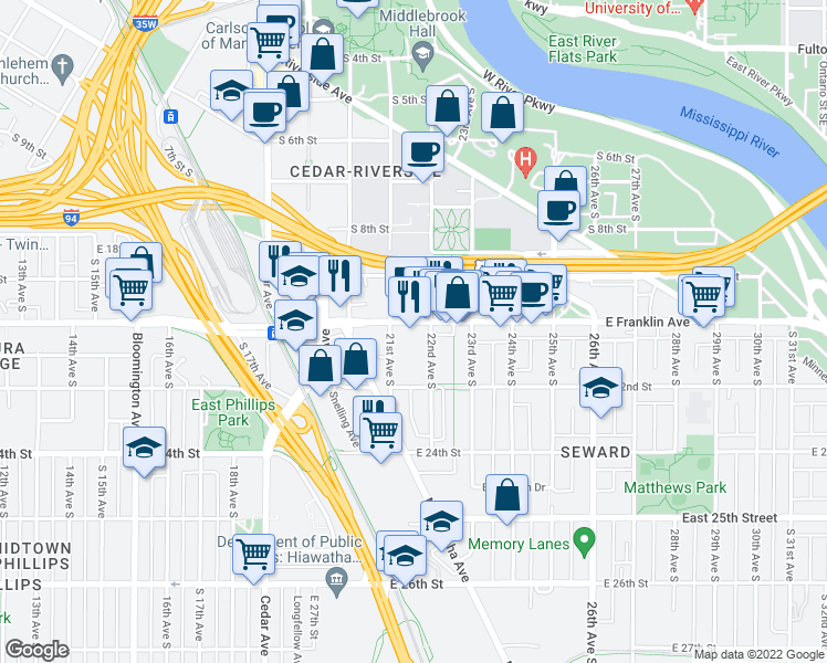 map of restaurants, bars, coffee shops, grocery stores, and more near 2111 East Franklin Avenue in Minneapolis