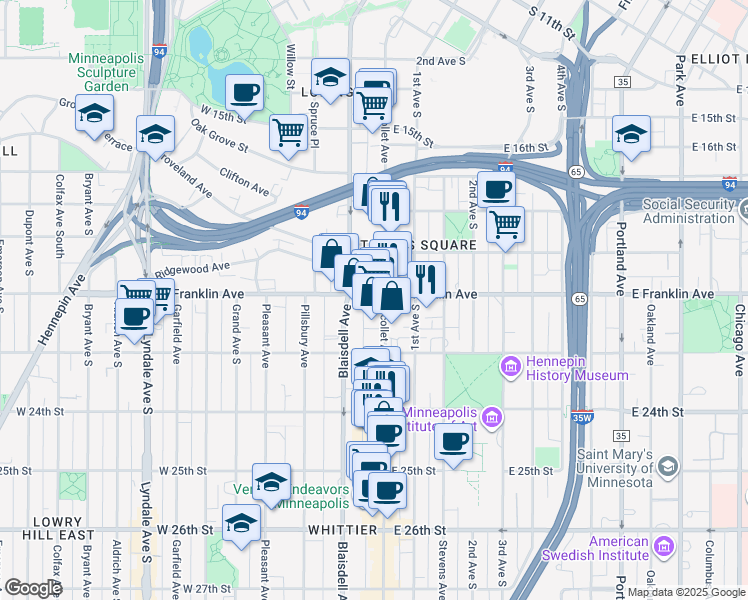 map of restaurants, bars, coffee shops, grocery stores, and more near 3 West Franklin Avenue in Minneapolis