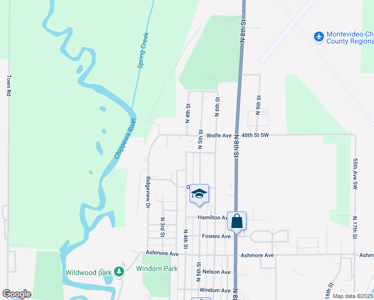 map of restaurants, bars, coffee shops, grocery stores, and more near 407 Eichelberger Avenue in Montevideo