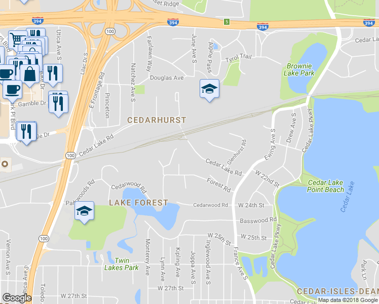 map of restaurants, bars, coffee shops, grocery stores, and more near 4311 Cedar Lake Road in Minneapolis