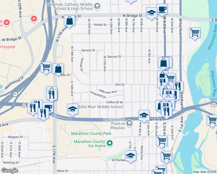 map of restaurants, bars, coffee shops, grocery stores, and more near 1009 Elm St in Wausau
