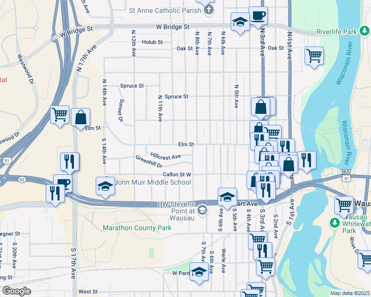 map of restaurants, bars, coffee shops, grocery stores, and more near 901 Elm Street in Wausau