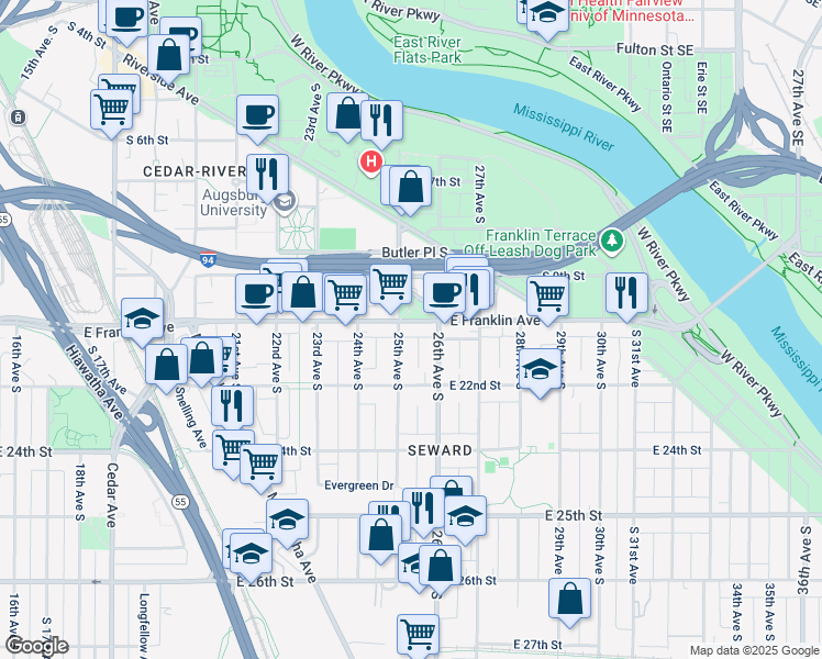 map of restaurants, bars, coffee shops, grocery stores, and more near 2511 East Franklin Avenue in Minneapolis