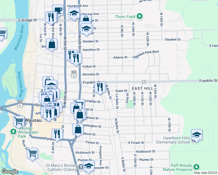 map of restaurants, bars, coffee shops, grocery stores, and more near 705 N Bellis St in Wausau