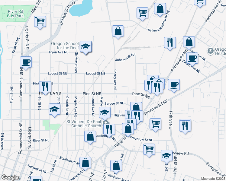 map of restaurants, bars, coffee shops, grocery stores, and more near 2515 Cherry Avenue Northeast in Salem