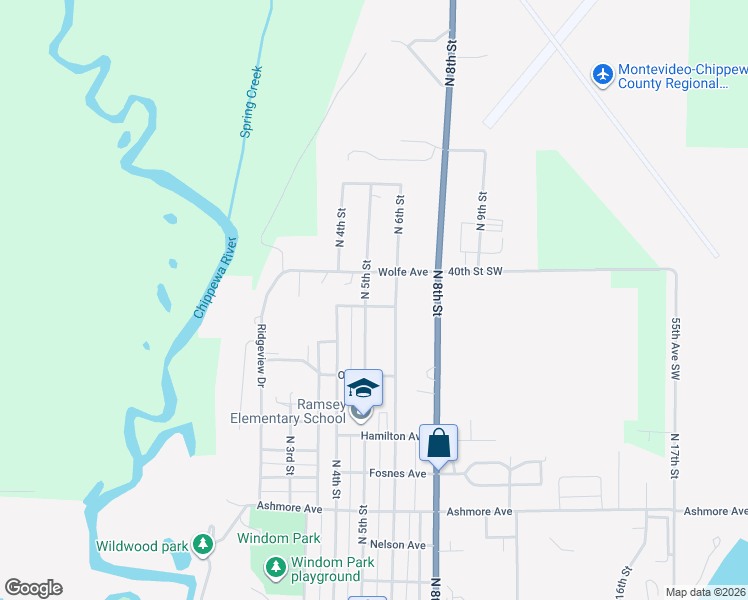 map of restaurants, bars, coffee shops, grocery stores, and more near 1502 North 5th Street in Montevideo