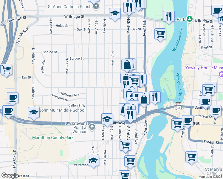 map of restaurants, bars, coffee shops, grocery stores, and more near 105 South 5th Avenue in Wausau