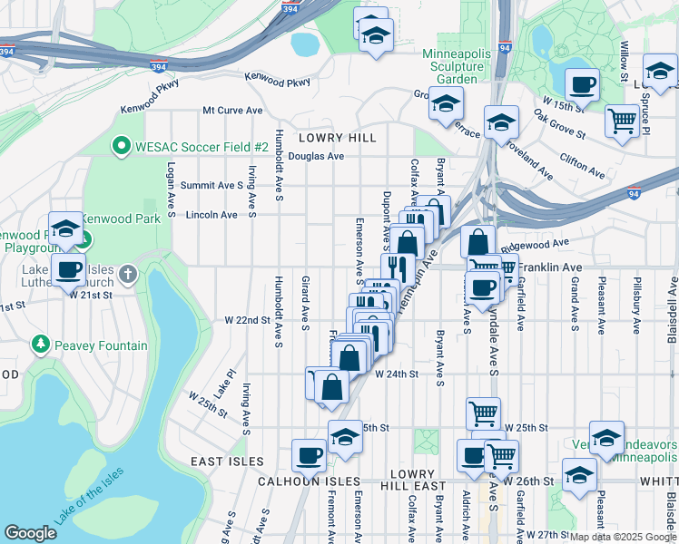 map of restaurants, bars, coffee shops, grocery stores, and more near 2001 Fremont Avenue South in Minneapolis