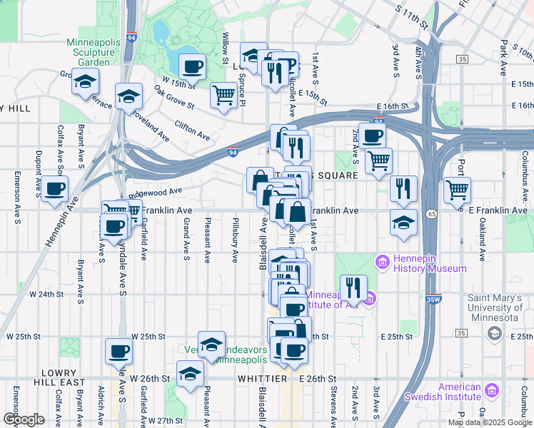 map of restaurants, bars, coffee shops, grocery stores, and more near 3 West Franklin Avenue in Minneapolis