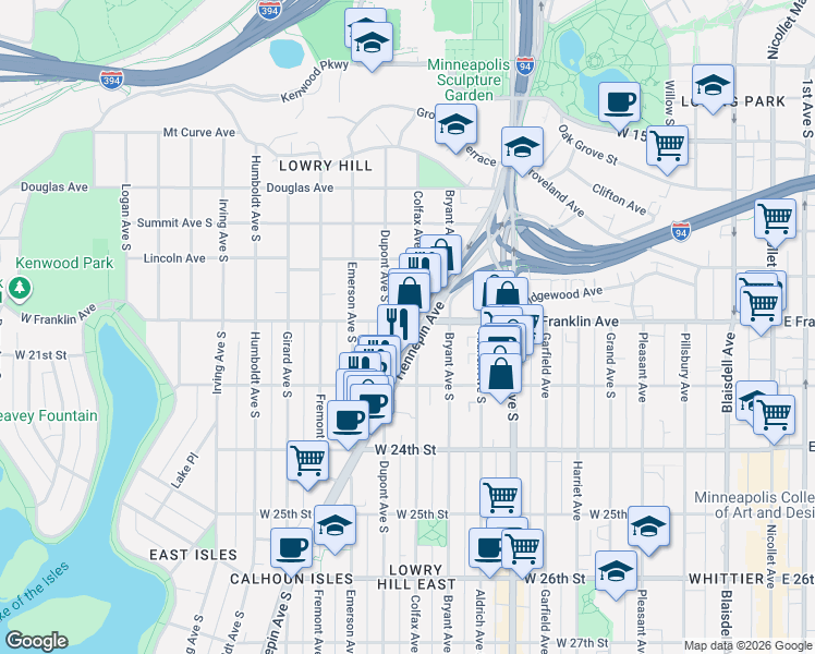 map of restaurants, bars, coffee shops, grocery stores, and more near 1007 West Franklin Avenue in Minneapolis