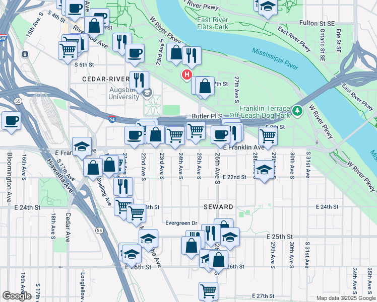 map of restaurants, bars, coffee shops, grocery stores, and more near 2407 East Franklin Avenue in Minneapolis