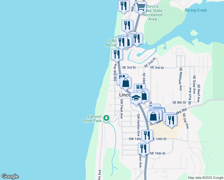 map of restaurants, bars, coffee shops, grocery stores, and more near 885 Southwest 6th Street in Lincoln City