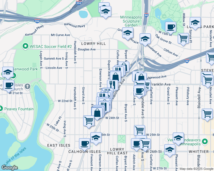 map of restaurants, bars, coffee shops, grocery stores, and more near 1117 West Franklin Avenue in Minneapolis