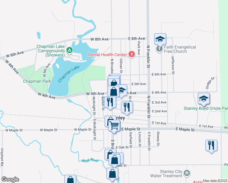 map of restaurants, bars, coffee shops, grocery stores, and more near 402 North Broadway Street in Stanley