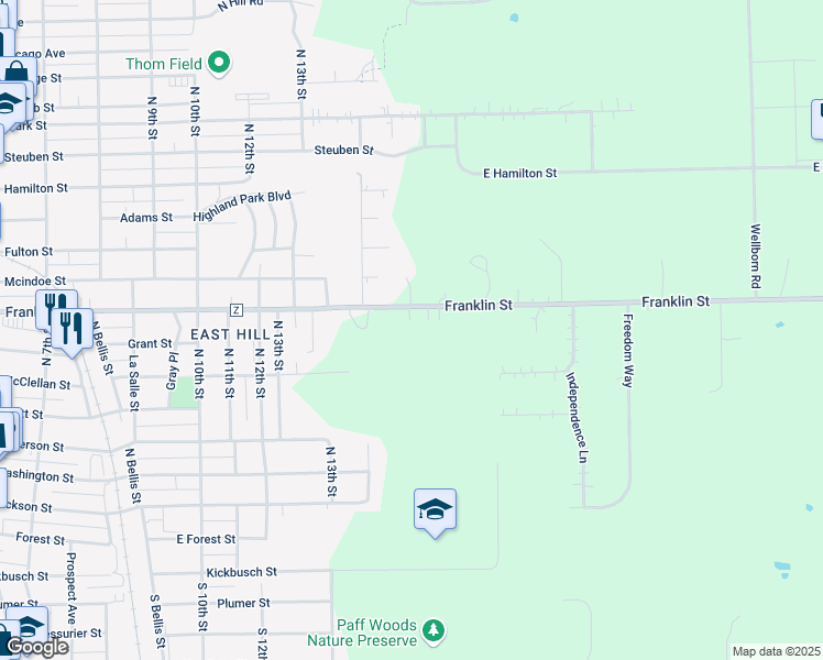 map of restaurants, bars, coffee shops, grocery stores, and more near 1501 Franklin Street in Wausau