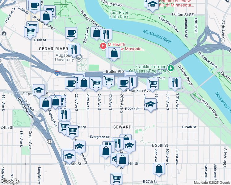 map of restaurants, bars, coffee shops, grocery stores, and more near 2511 East Franklin Avenue in Minneapolis