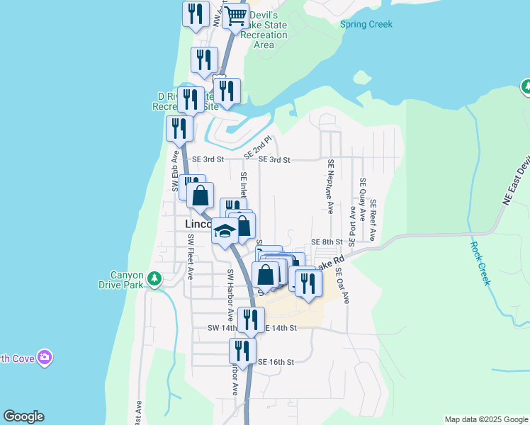 map of restaurants, bars, coffee shops, grocery stores, and more near 610 Southeast Jetty Avenue in Lincoln City