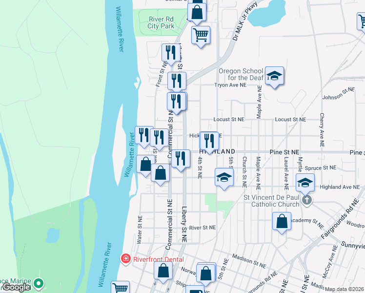 map of restaurants, bars, coffee shops, grocery stores, and more near 2315 Liberty Street Northeast in Salem