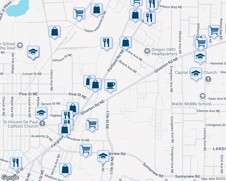 map of restaurants, bars, coffee shops, grocery stores, and more near 1797 Silverton Road Northeast in Salem