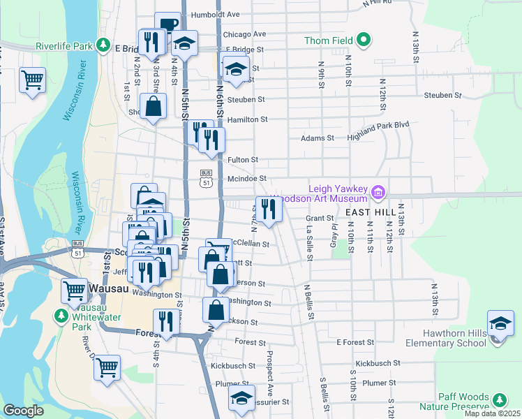 map of restaurants, bars, coffee shops, grocery stores, and more near 713 North 7th Street in Wausau