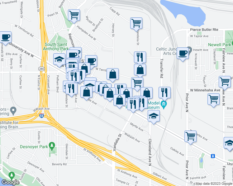 map of restaurants, bars, coffee shops, grocery stores, and more near 2233 University Avenue West in Saint Paul