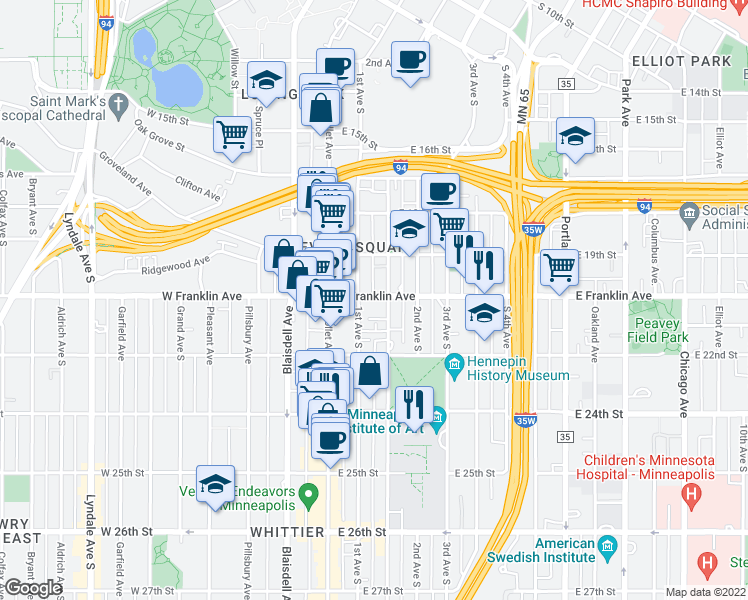 map of restaurants, bars, coffee shops, grocery stores, and more near 111 East Franklin Avenue in Minneapolis