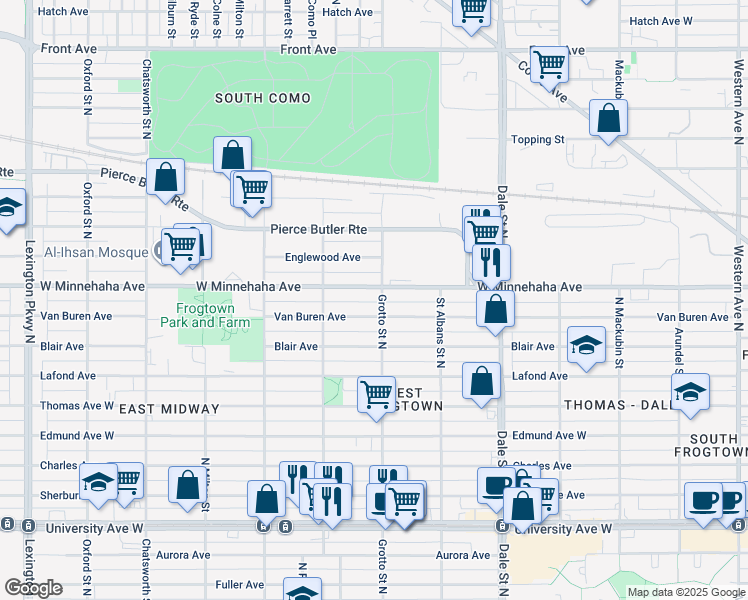 map of restaurants, bars, coffee shops, grocery stores, and more near 707 Grotto Street North in Saint Paul