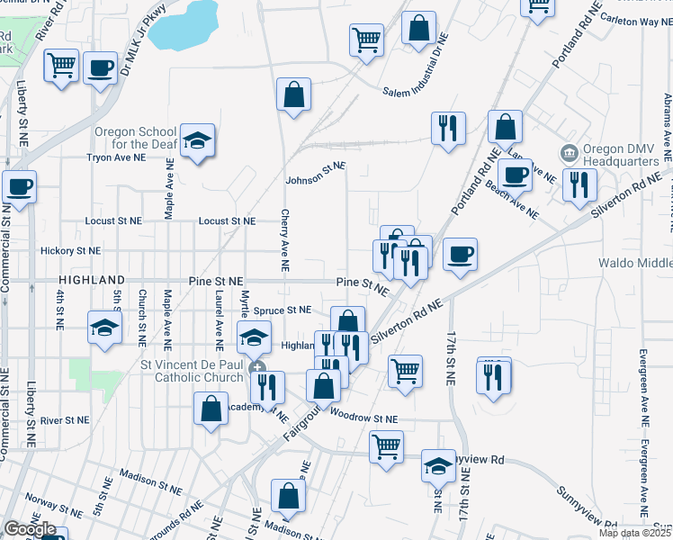 map of restaurants, bars, coffee shops, grocery stores, and more near 2741 Brooks Avenue Northeast in Salem