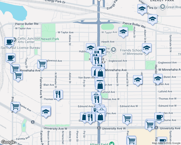 map of restaurants, bars, coffee shops, grocery stores, and more near 1602 West Minnehaha Avenue in Saint Paul