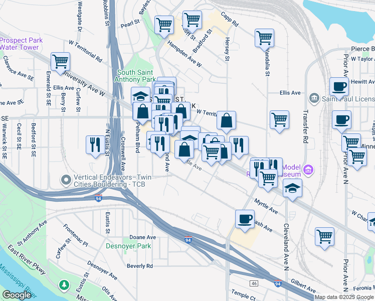 map of restaurants, bars, coffee shops, grocery stores, and more near 2334 Myrtle Avenue in Saint Paul