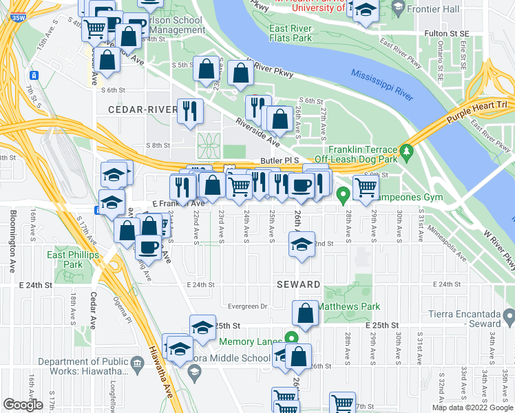 map of restaurants, bars, coffee shops, grocery stores, and more near 2407 East Franklin Avenue in Minneapolis