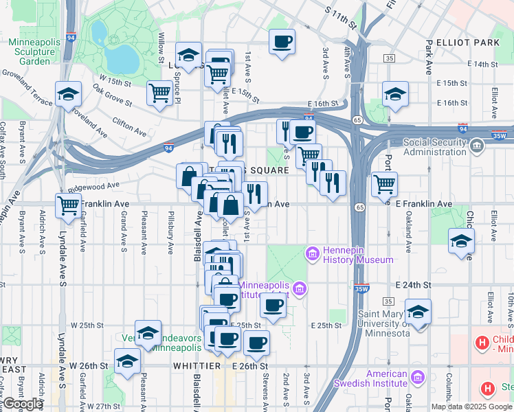 map of restaurants, bars, coffee shops, grocery stores, and more near 111 East Franklin Avenue in Minneapolis